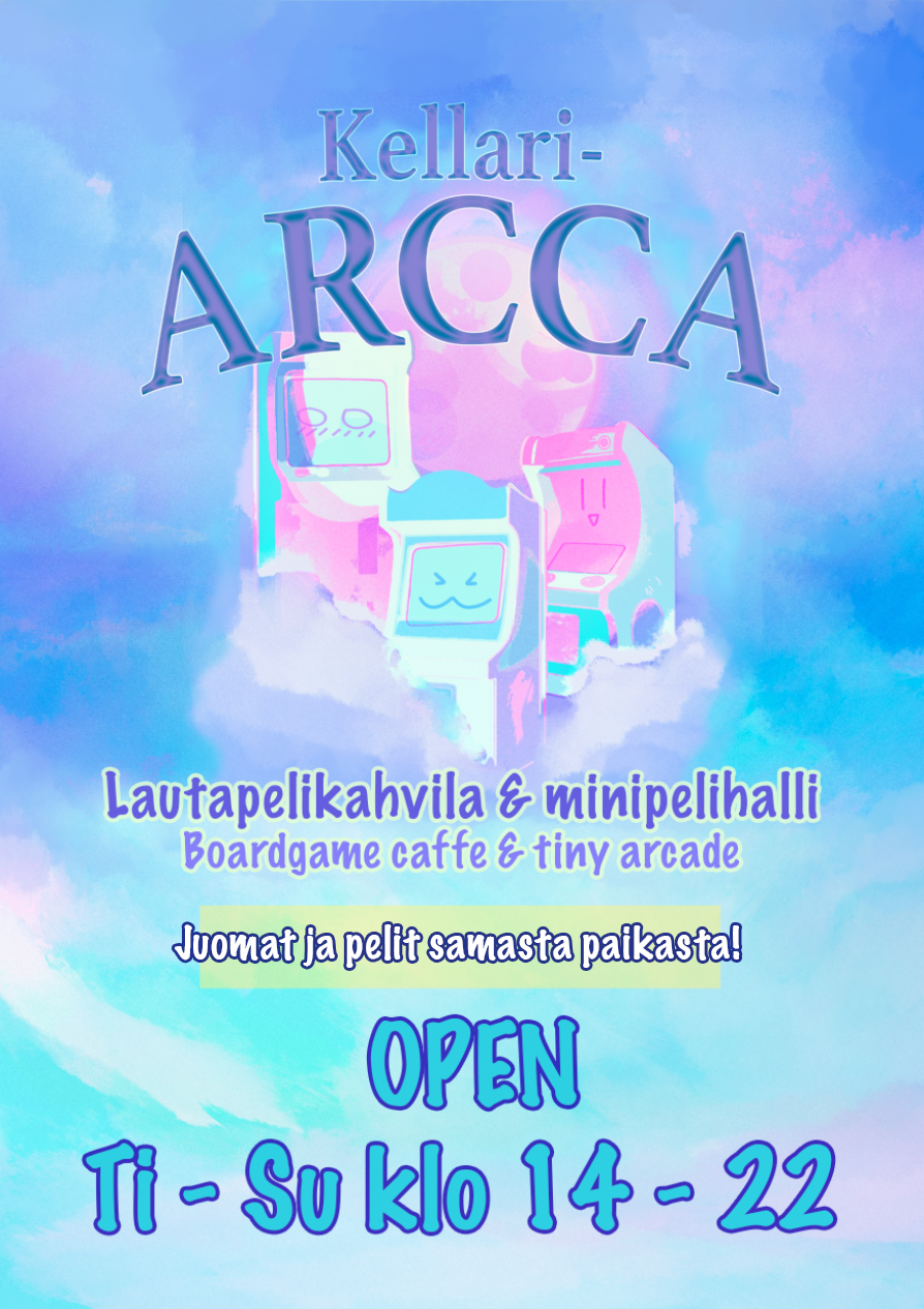 Sininen pilvimäinen juliste, jossa teksti “Kellariracca”, pelihahmoja, “OPEN” ja aukioloajat.